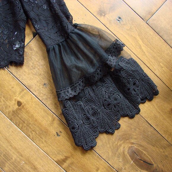 Black Lace Crochet Sheer Blouse Top Bell Sleeves Whimsigoth Goth Party Medium - Picture 11 of 16